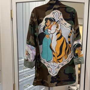 Camo Jean Jacket with Princess and Tiger Graphic - Green / Brown